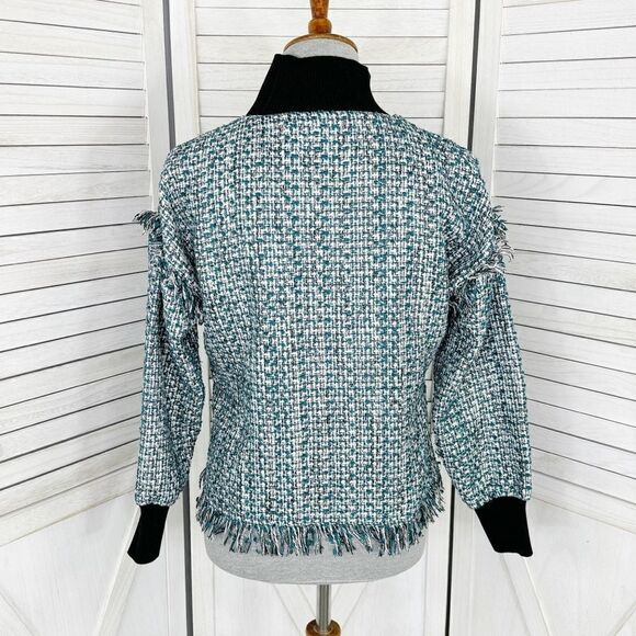 Zara Tweed Fringe Hem Mock Neck Shirt Teal White Large Crop - Picture 4 of 12